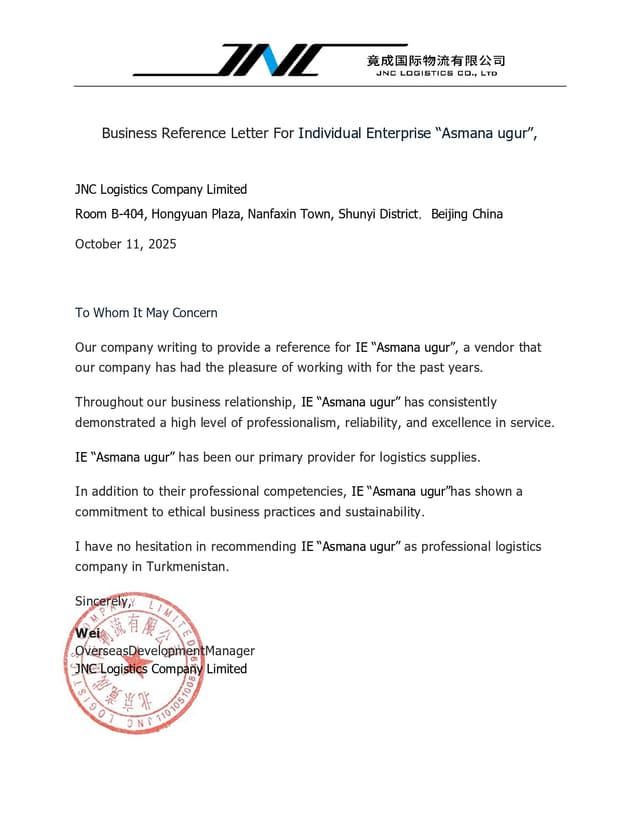 recommendation letter from JNC Logistics
